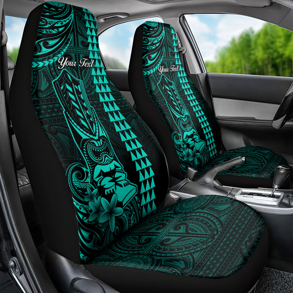 Personalized Hawaii Hauoli Makahiki Hou Car Seat Cover Lono Hawaiian God Kakau Polynesian Tribal Turquoise LT05 - Polynesian Pride