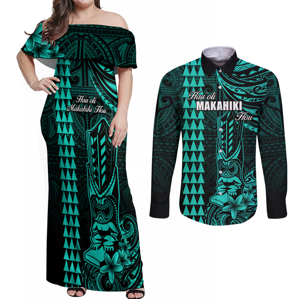 Personalized Hawaii Hauoli Makahiki Hou Couples Matching Off Shoulder Maxi Dress and Long Sleeve Button Shirts Lono Hawaiian God Kakau Polynesian Tribal Turquoise LT05 Turquoise - Polynesian Pride