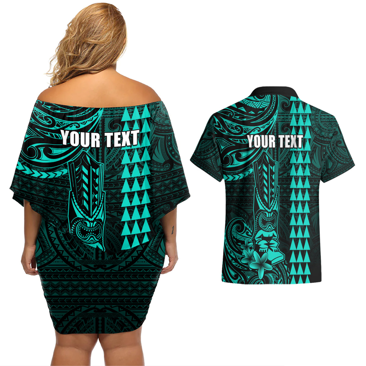 Personalized Hawaii Hauoli Makahiki Hou Couples Matching Off Shoulder Short Dress and Hawaiian Shirt Lono Hawaiian God Kakau Polynesian Tribal Turquoise LT05 - Polynesian Pride