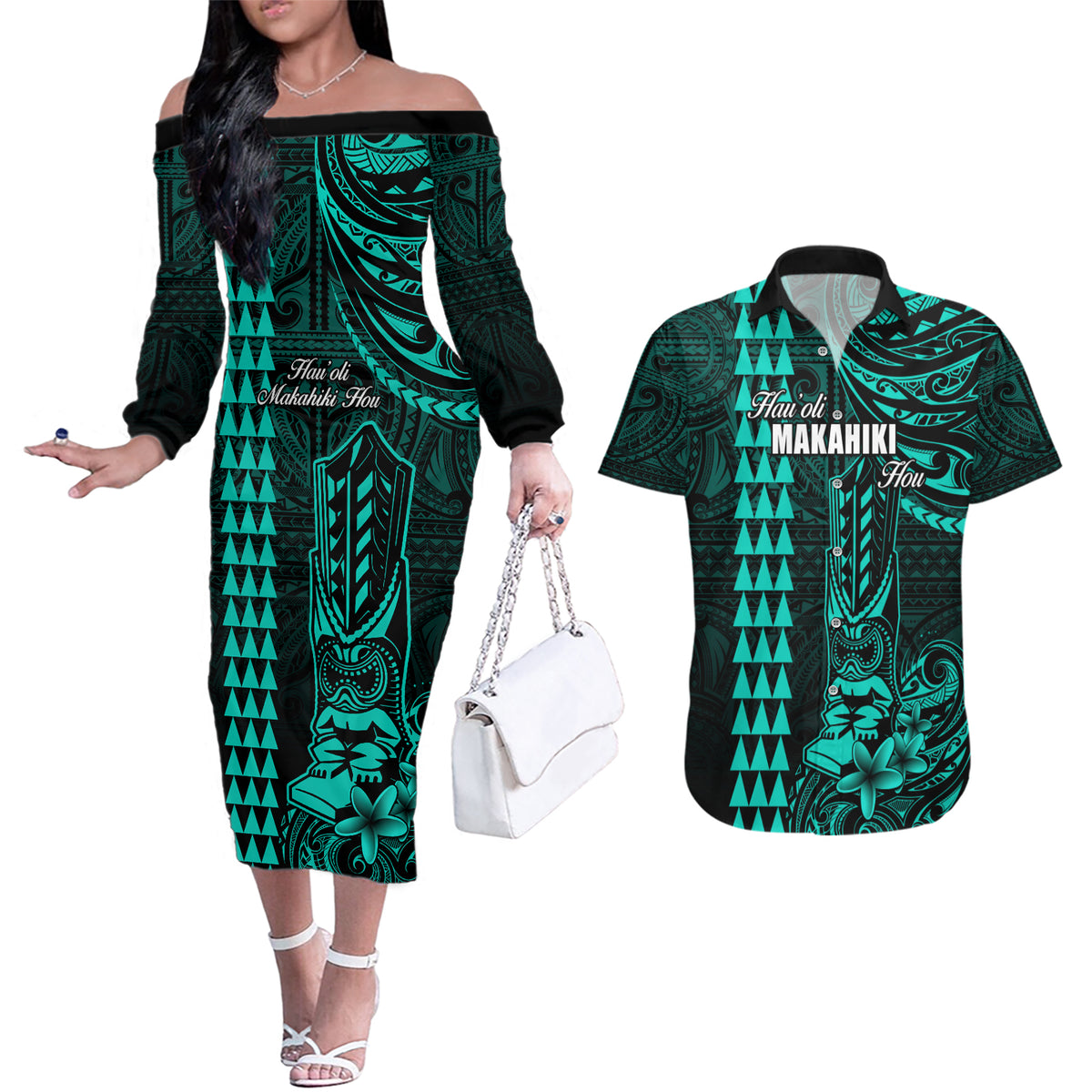 Personalized Hawaii Hauoli Makahiki Hou Couples Matching Off The Shoulder Long Sleeve Dress and Hawaiian Shirt Lono Hawaiian God Kakau Polynesian Tribal Turquoise LT05 Turquoise - Polynesian Pride