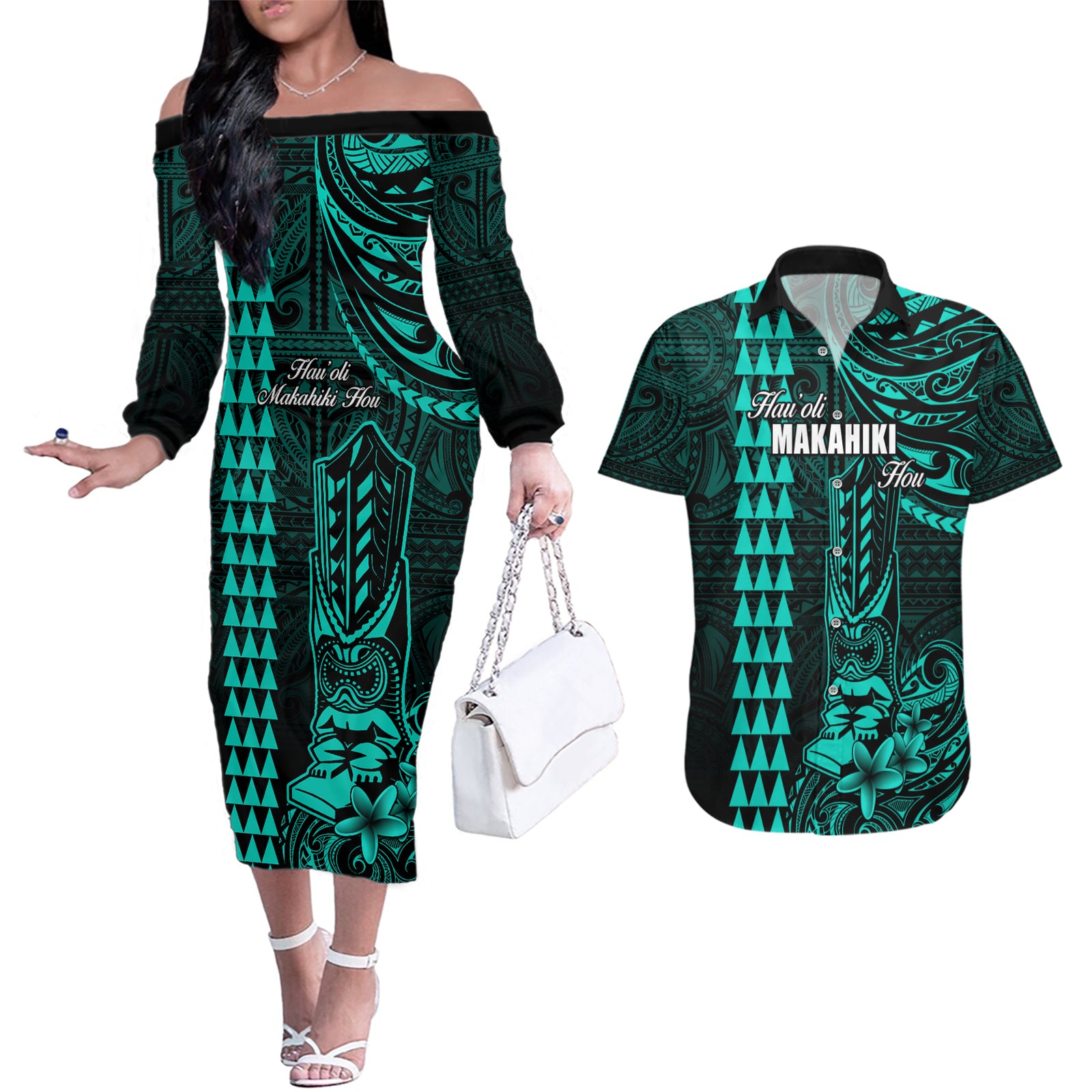 Personalized Hawaii Hauoli Makahiki Hou Couples Matching Off The Shoulder Long Sleeve Dress and Hawaiian Shirt Lono Hawaiian God Kakau Polynesian Tribal Turquoise LT05 Turquoise - Polynesian Pride