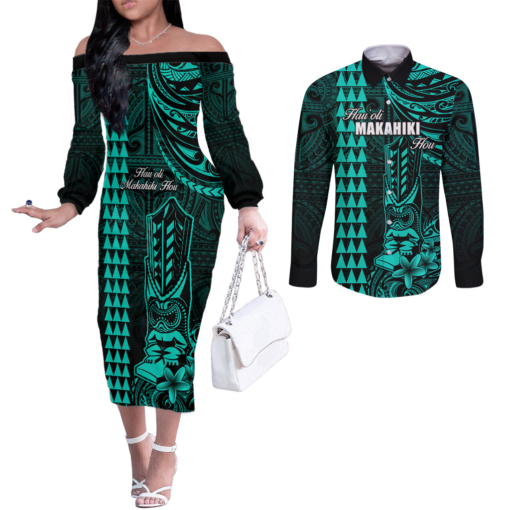 Personalized Hawaii Hauoli Makahiki Hou Couples Matching Off The Shoulder Long Sleeve Dress and Long Sleeve Button Shirts Lono Hawaiian God Kakau Polynesian Tribal Turquoise LT05 Turquoise - Polynesian Pride