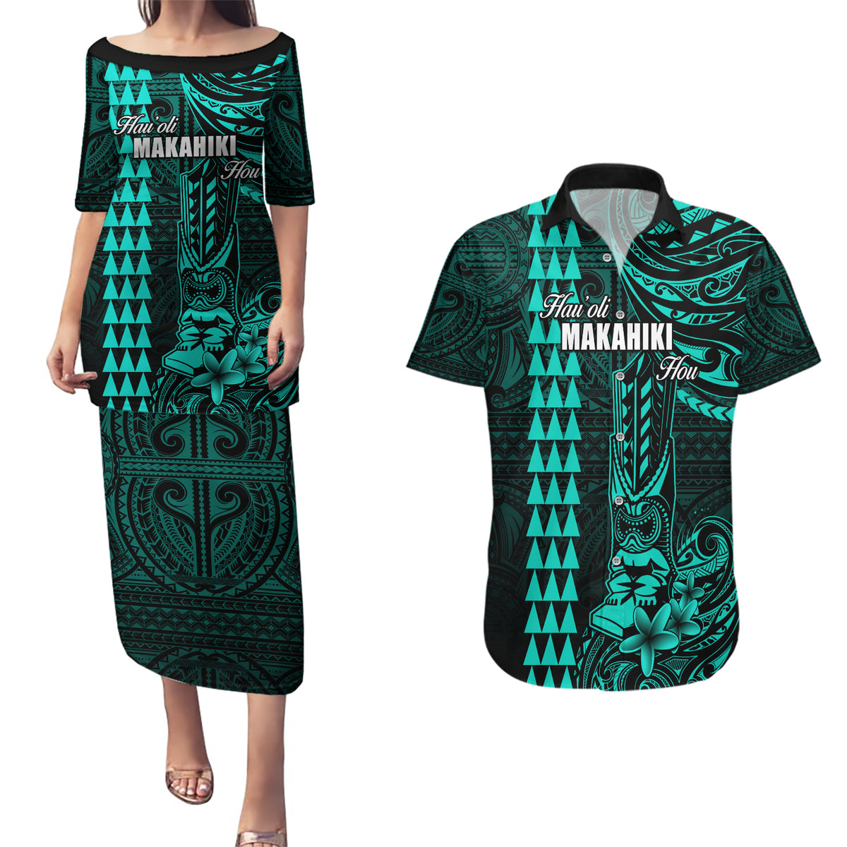 Personalized Hawaii Hauoli Makahiki Hou Couples Matching Puletasi Dress and Hawaiian Shirt Lono Hawaiian God Kakau Polynesian Tribal Turquoise LT05 Turquoise - Polynesian Pride