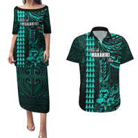 Personalized Hawaii Hauoli Makahiki Hou Couples Matching Puletasi Dress and Hawaiian Shirt Lono Hawaiian God Kakau Polynesian Tribal Turquoise LT05 Turquoise - Polynesian Pride
