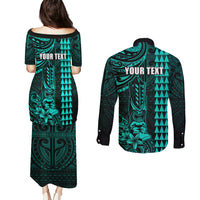 Personalized Hawaii Hauoli Makahiki Hou Couples Matching Puletasi Dress and Long Sleeve Button Shirts Lono Hawaiian God Kakau Polynesian Tribal Turquoise LT05 - Polynesian Pride