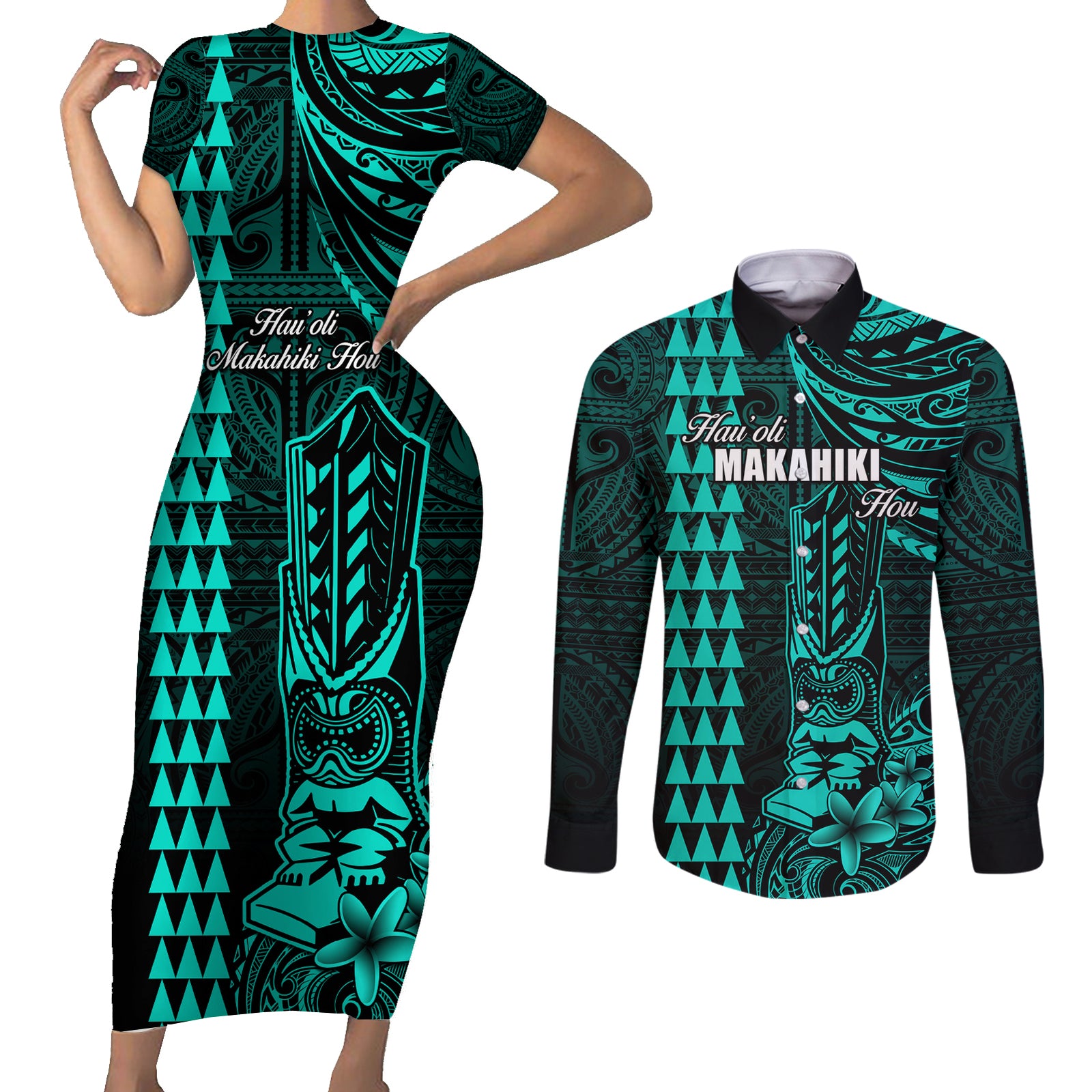 Personalized Hawaii Hauoli Makahiki Hou Couples Matching Short Sleeve Bodycon Dress and Long Sleeve Button Shirts Lono Hawaiian God Kakau Polynesian Tribal Turquoise LT05 Turquoise - Polynesian Pride