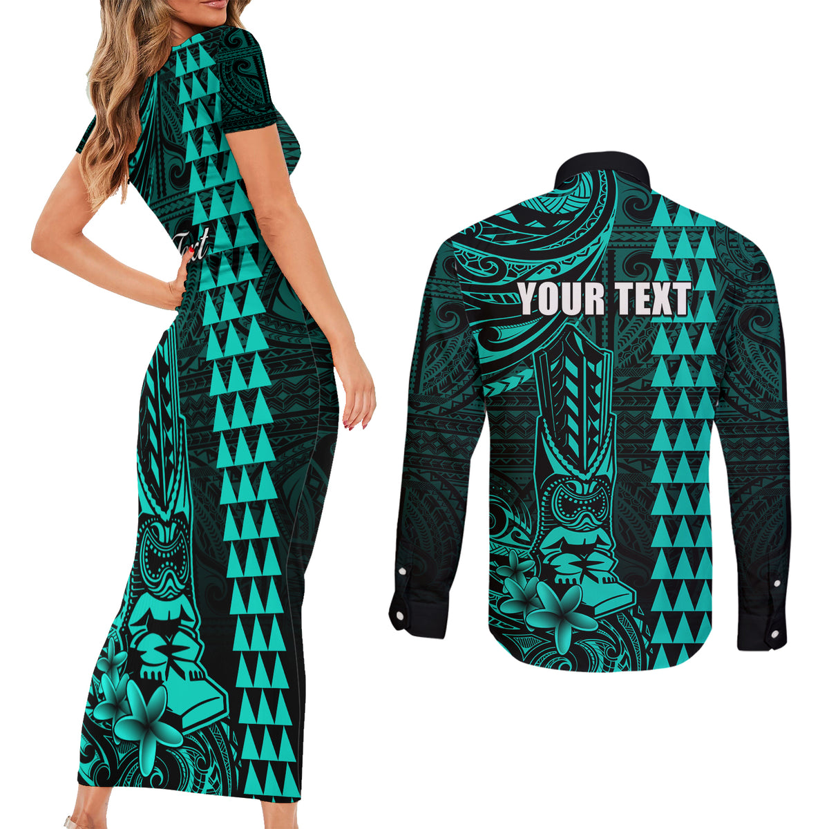 Personalized Hawaii Hauoli Makahiki Hou Couples Matching Short Sleeve Bodycon Dress and Long Sleeve Button Shirts Lono Hawaiian God Kakau Polynesian Tribal Turquoise LT05 - Polynesian Pride