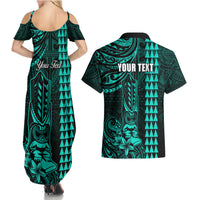 Personalized Hawaii Hauoli Makahiki Hou Couples Matching Summer Maxi Dress and Hawaiian Shirt Lono Hawaiian God Kakau Polynesian Tribal Turquoise LT05 - Polynesian Pride