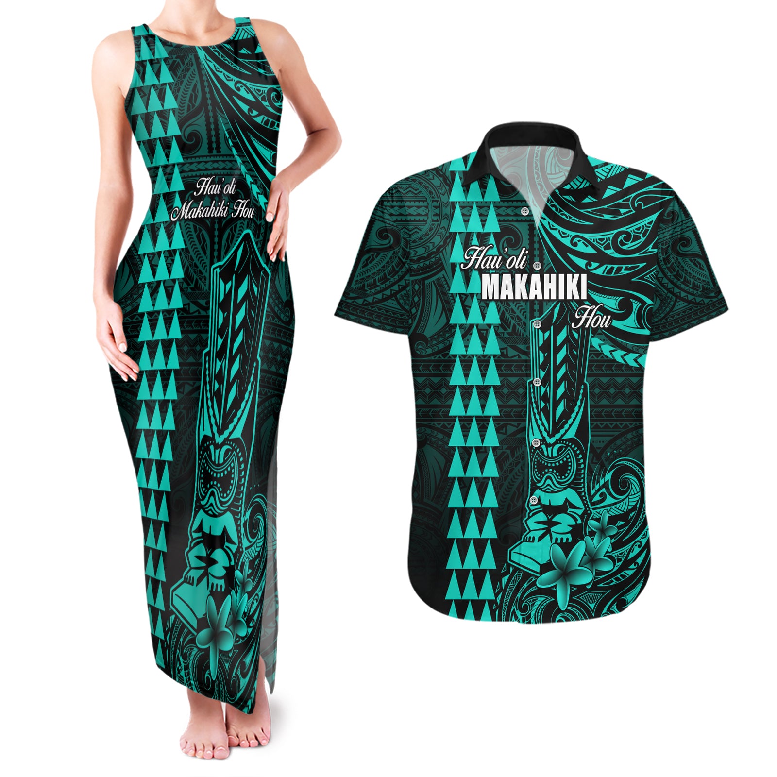 Personalized Hawaii Hauoli Makahiki Hou Couples Matching Tank Maxi Dress and Hawaiian Shirt Lono Hawaiian God Kakau Polynesian Tribal Turquoise LT05 Turquoise - Polynesian Pride