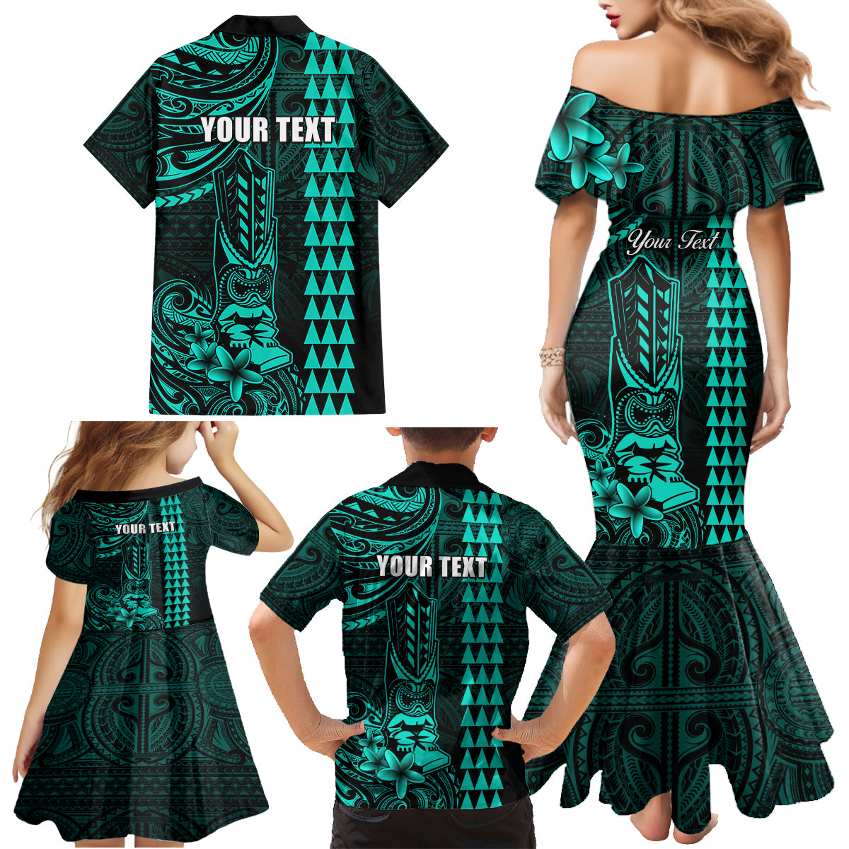 Personalized Hawaii Hauoli Makahiki Hou Family Matching Mermaid Dress and Hawaiian Shirt Lono Hawaiian God Kakau Polynesian Tribal Turquoise LT05 - Polynesian Pride