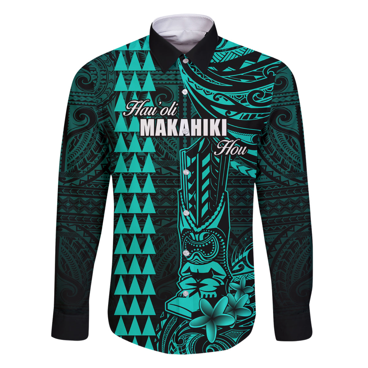 Personalized Hawaii Hauoli Makahiki Hou Family Matching Off Shoulder Short Dress and Hawaiian Shirt Lono Hawaiian God Kakau Polynesian Tribal Turquoise LT05 Dad's Shirt - Long Sleeve Turquoise - Polynesian Pride