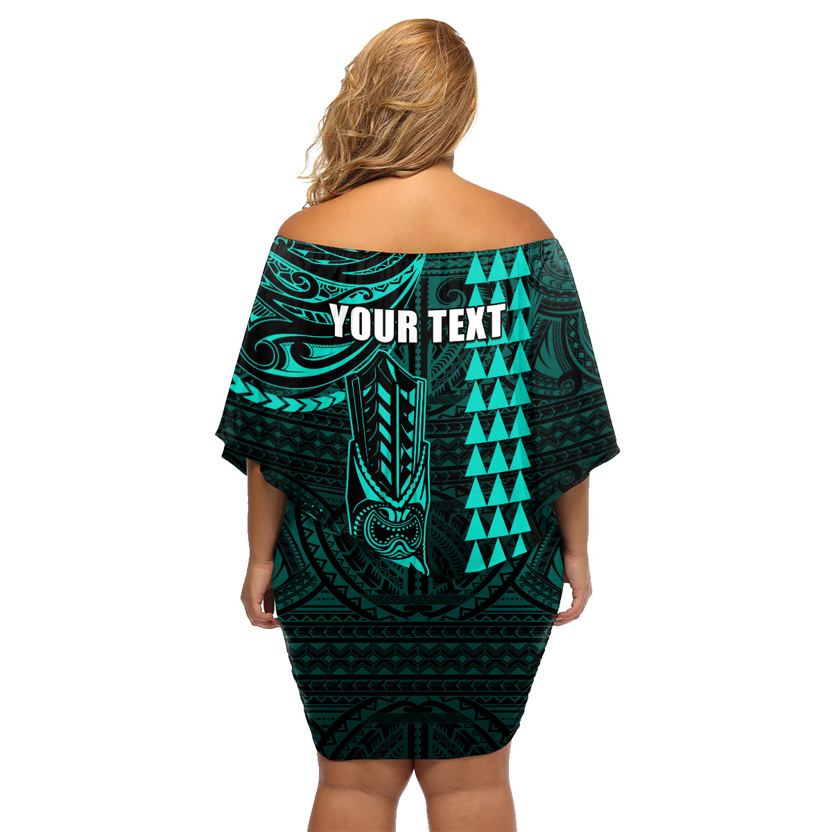 Personalized Hawaii Hauoli Makahiki Hou Family Matching Off Shoulder Short Dress and Hawaiian Shirt Lono Hawaiian God Kakau Polynesian Tribal Turquoise LT05 - Polynesian Pride