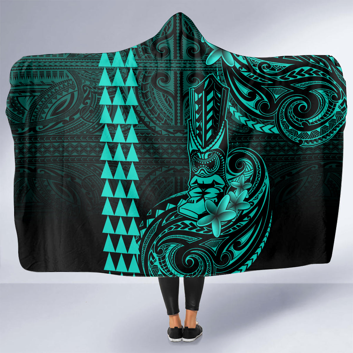 Hawaii Hauoli Makahiki Hou Hooded Blanket Lono Hawaiian God Kakau Polynesian Tribal Turquoise LT05 - Polynesian Pride