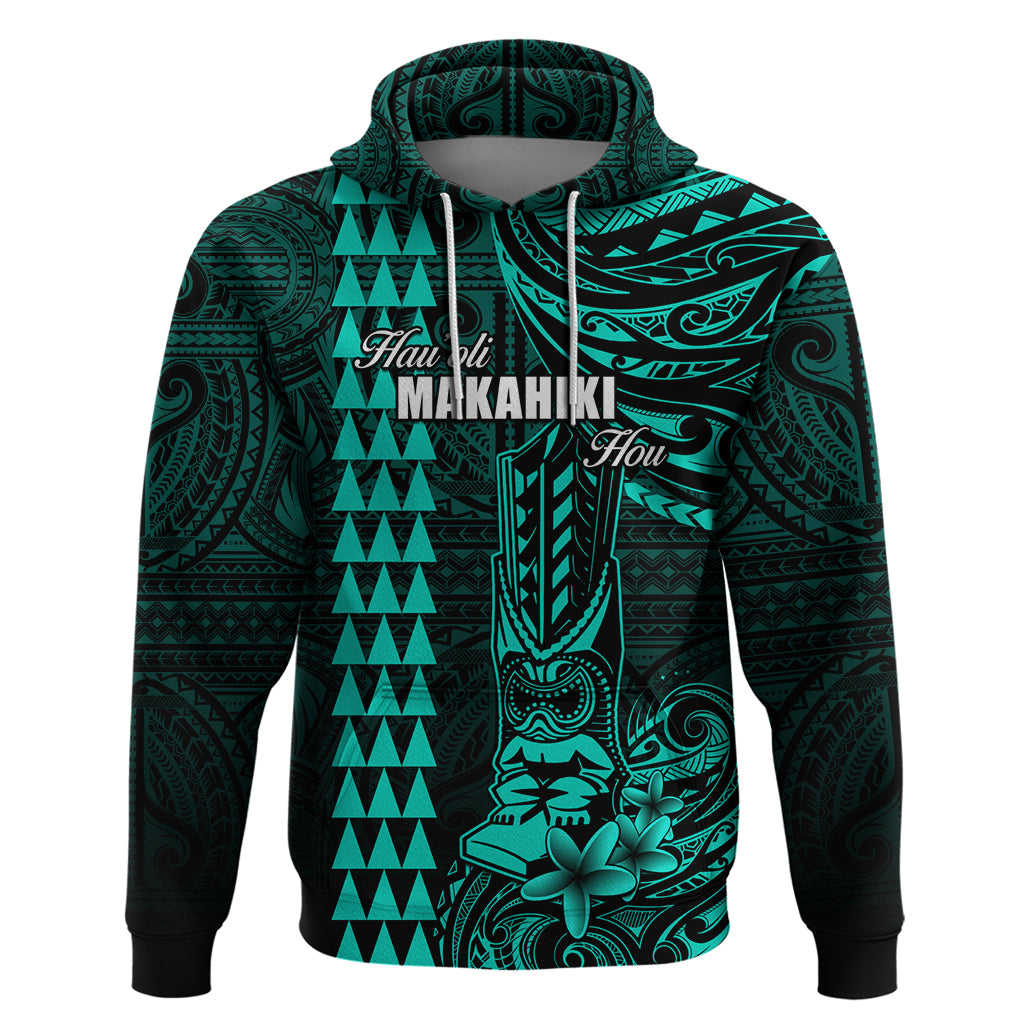 Personalized Hawaii Hauoli Makahiki Hou Hoodie Lono Hawaiian God Kakau Polynesian Tribal Turquoise LT05 Turquoise - Polynesian Pride