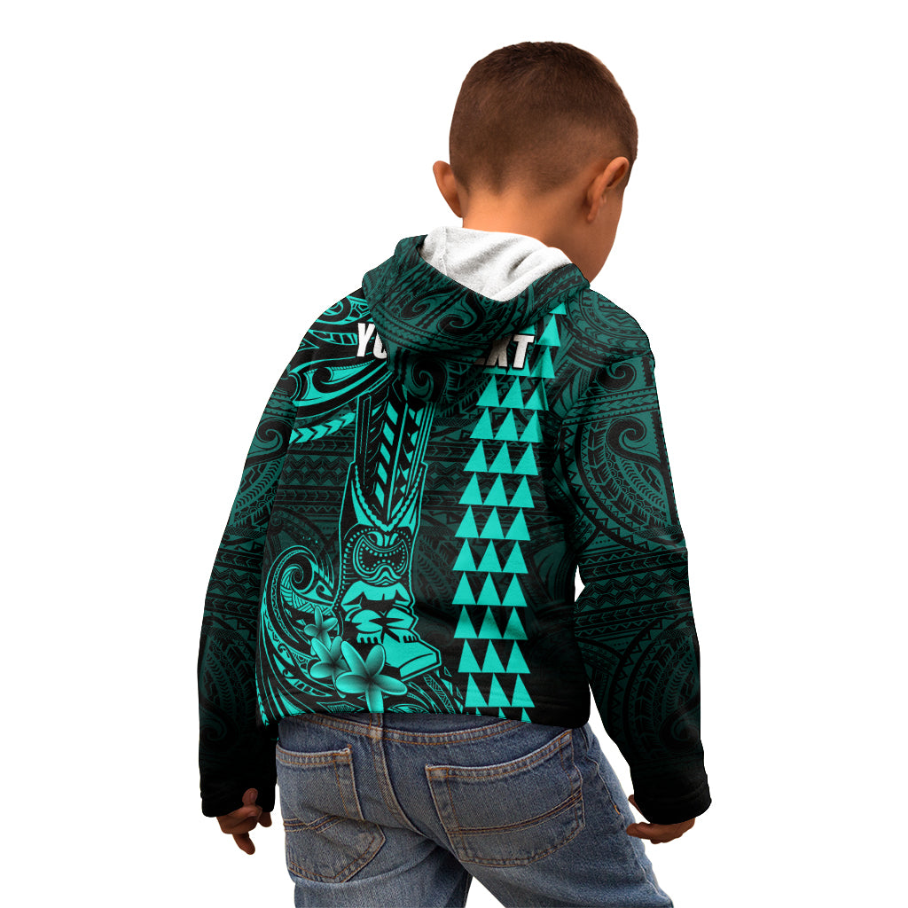 Personalized Hawaii Hauoli Makahiki Hou Kid Hoodie Lono Hawaiian God Kakau Polynesian Tribal Turquoise LT05 - Polynesian Pride