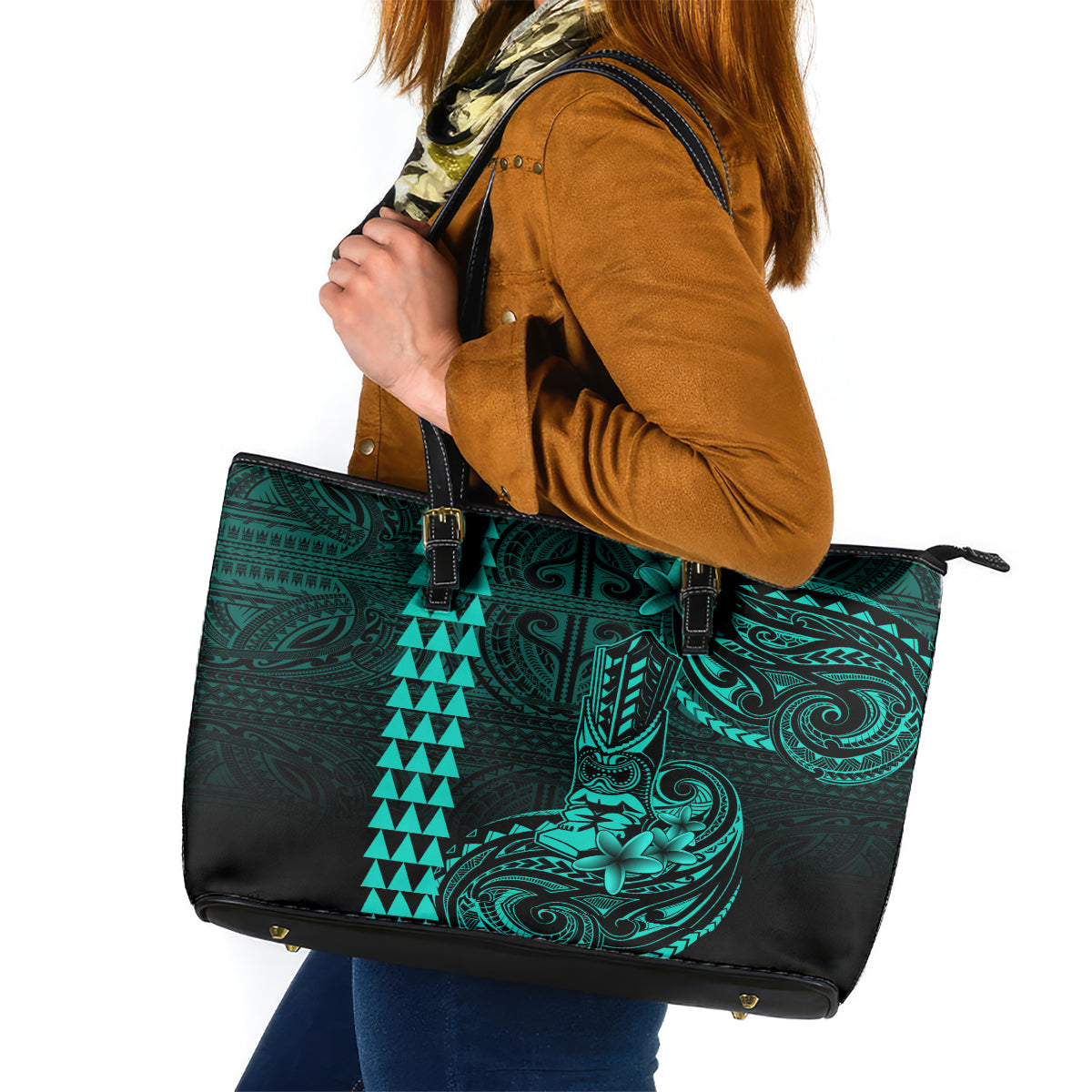 Hawaii Hauoli Makahiki Hou Leather Tote Bag Lono Hawaiian God Kakau Polynesian Tribal Turquoise LT05 Turquoise - Polynesian Pride