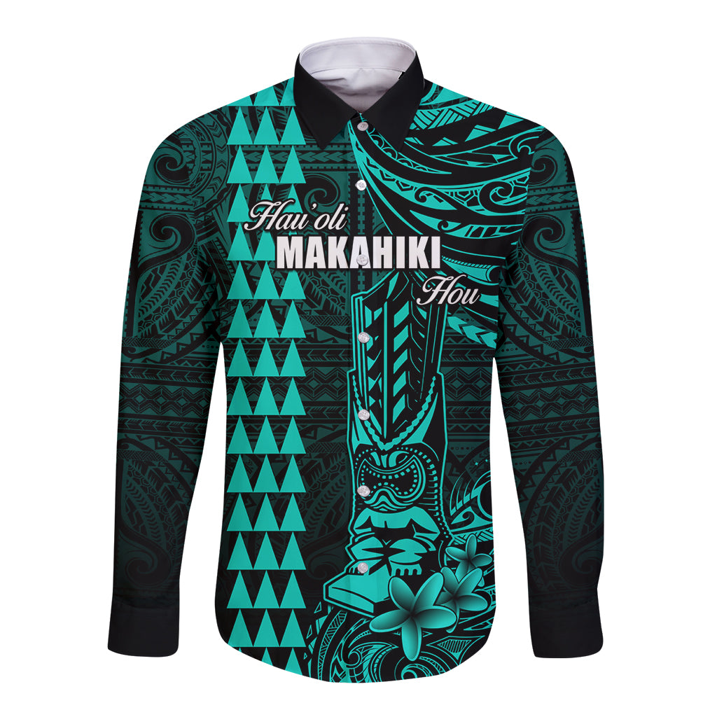 Personalized Hawaii Hauoli Makahiki Hou Long Sleeve Button Shirt Lono Hawaiian God Kakau Polynesian Tribal Turquoise LT05 Unisex Turquoise - Polynesian Pride