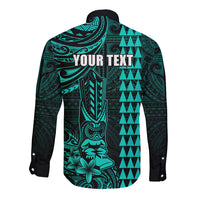 Personalized Hawaii Hauoli Makahiki Hou Long Sleeve Button Shirt Lono Hawaiian God Kakau Polynesian Tribal Turquoise LT05 - Polynesian Pride