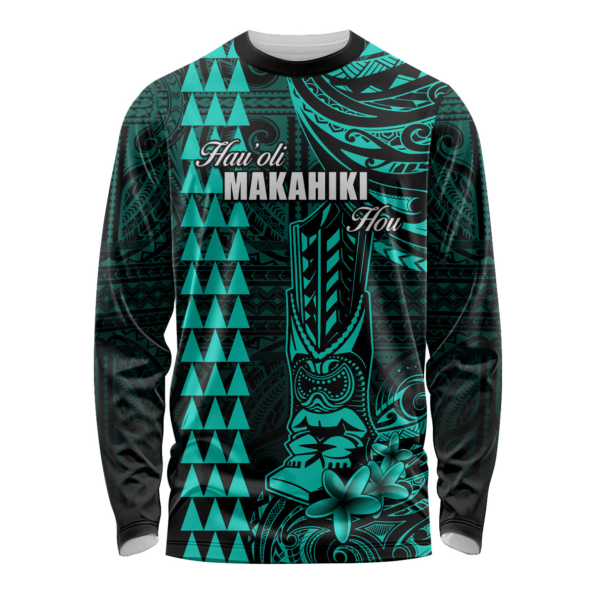 Personalized Hawaii Hauoli Makahiki Hou Long Sleeve Shirt Lono Hawaiian God Kakau Polynesian Tribal Turquoise LT05 Unisex Turquoise - Polynesian Pride