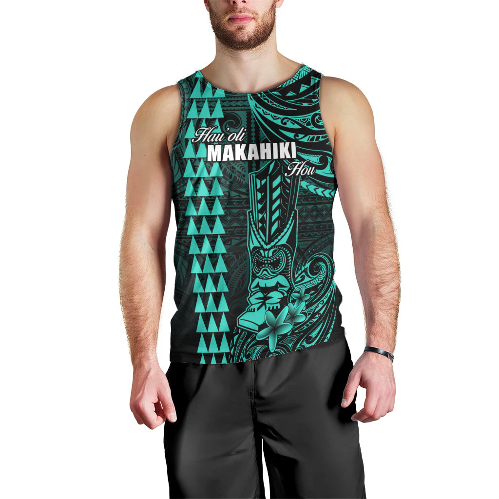 Personalized Hawaii Hauoli Makahiki Hou Men Tank Top Lono Hawaiian God Kakau Polynesian Tribal Turquoise LT05 - Polynesian Pride