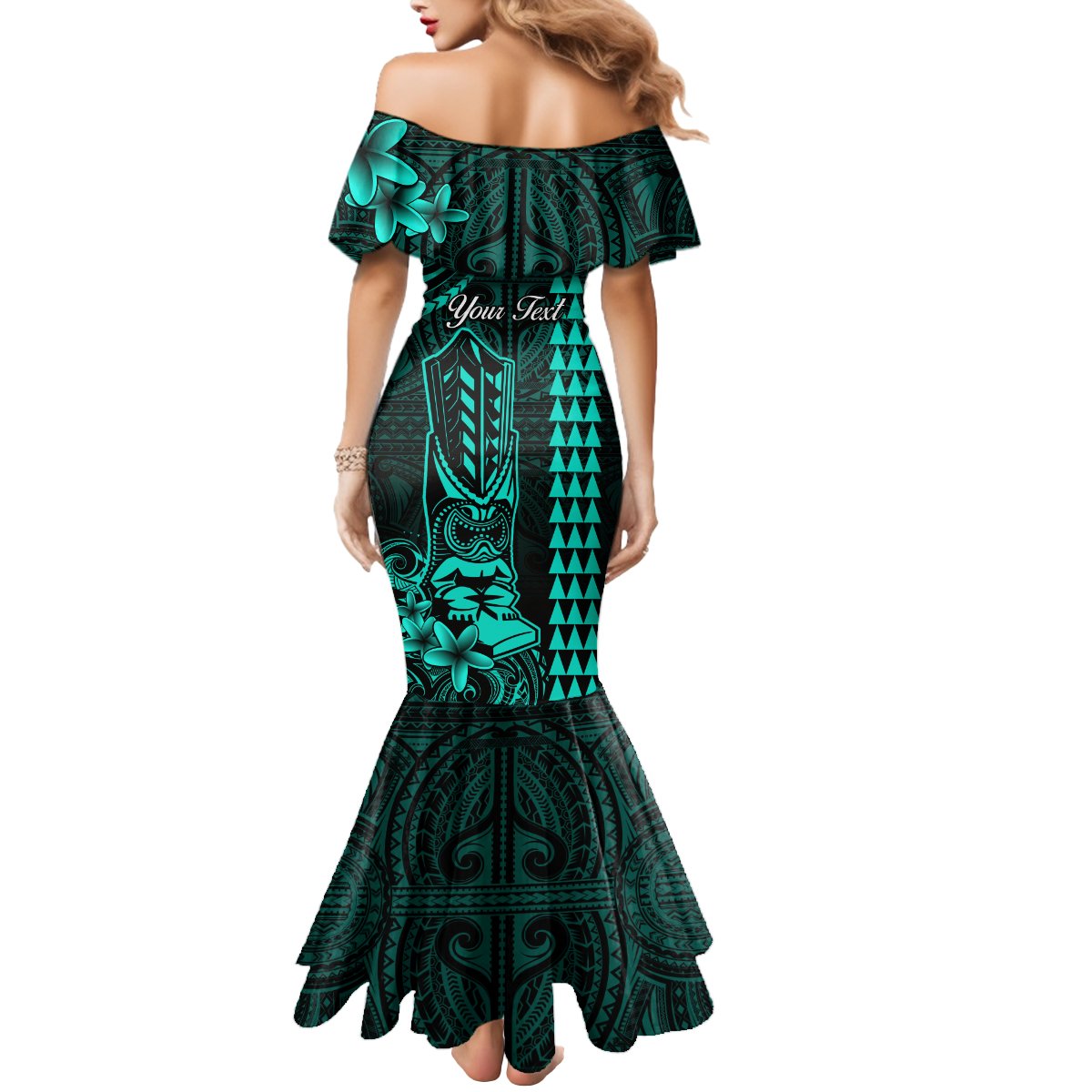 Personalized Hawaii Hauoli Makahiki Hou Mermaid Dress Lono Hawaiian God Kakau Polynesian Tribal Turquoise LT05 - Polynesian Pride