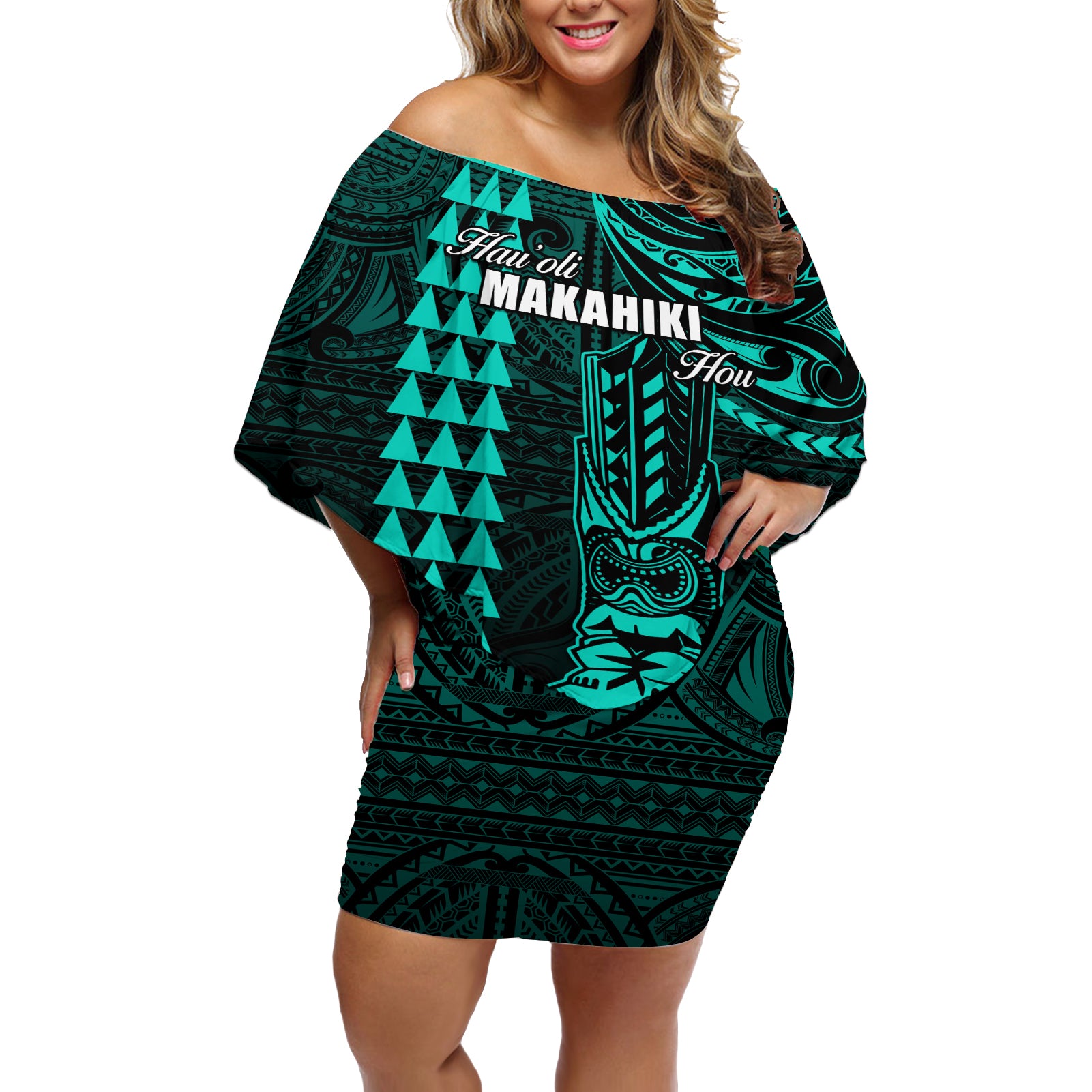 Personalized Hawaii Hauoli Makahiki Hou Off Shoulder Short Dress Lono Hawaiian God Kakau Polynesian Tribal Turquoise LT05 Women Turquoise - Polynesian Pride