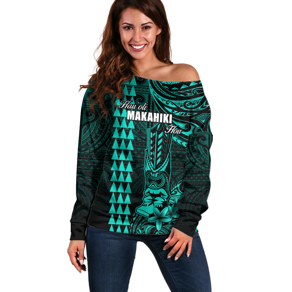 Personalized Hawaii Hauoli Makahiki Hou Off Shoulder Sweater Lono Hawaiian God Kakau Polynesian Tribal Turquoise LT05 Women Turquoise - Polynesian Pride