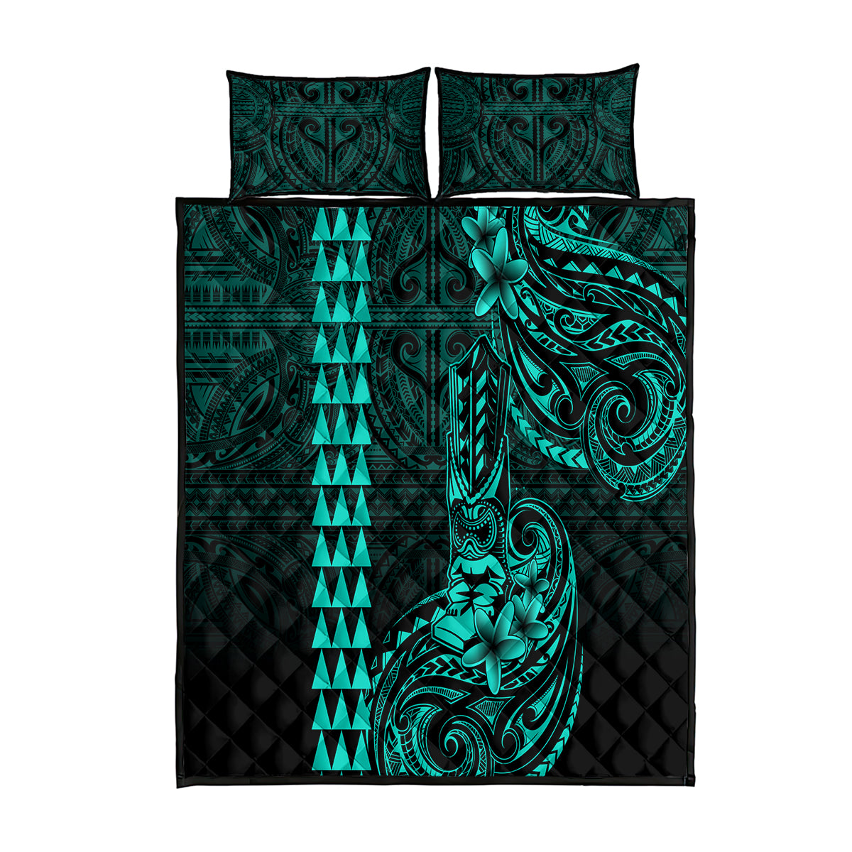 Hawaii Hauoli Makahiki Hou Quilt Bed Set Lono Hawaiian God Kakau Polynesian Tribal Turquoise LT05 Turquoise - Polynesian Pride