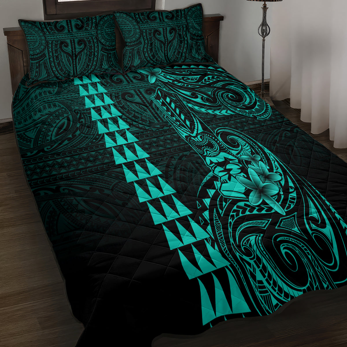 Hawaii Hauoli Makahiki Hou Quilt Bed Set Lono Hawaiian God Kakau Polynesian Tribal Turquoise LT05 - Polynesian Pride