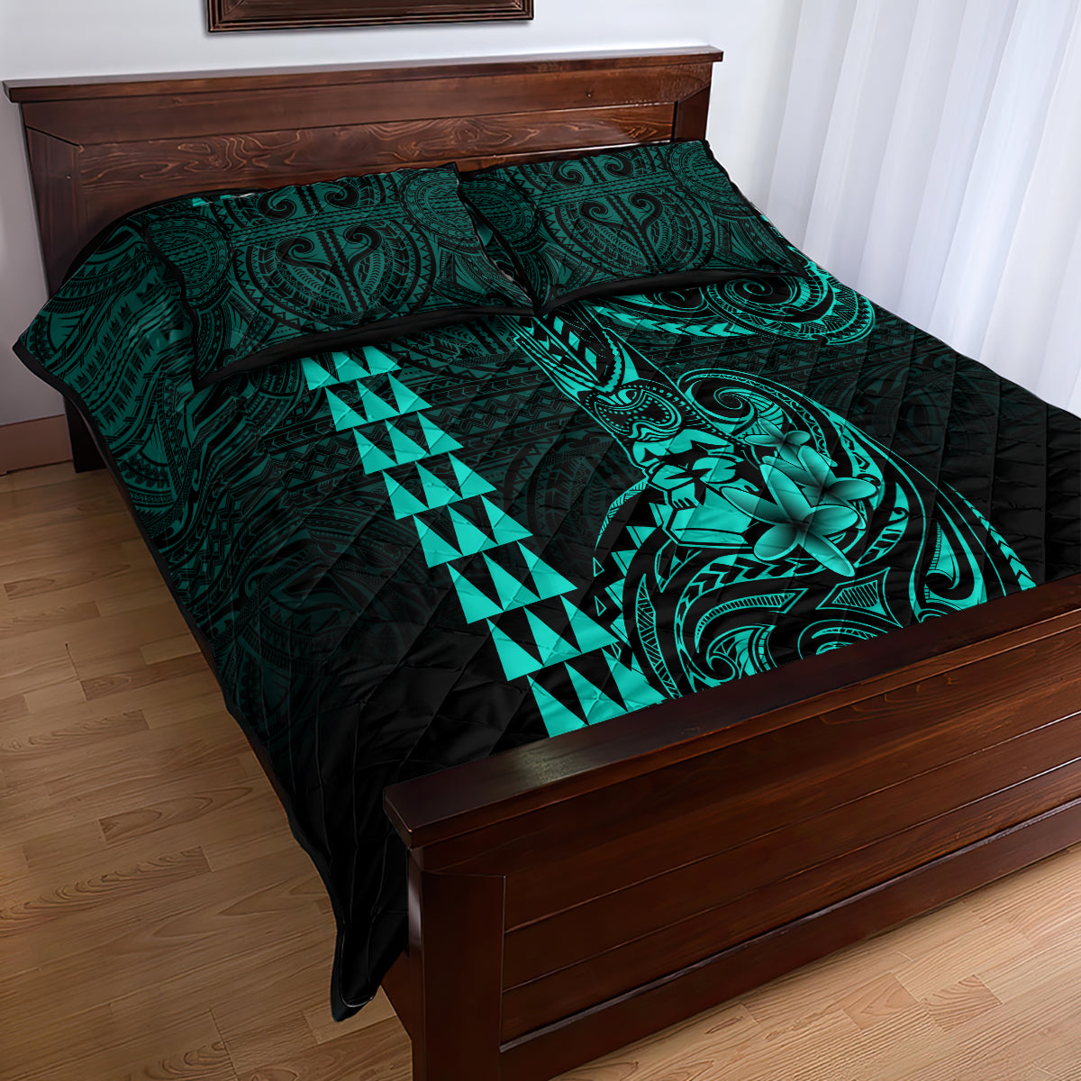 Hawaii Hauoli Makahiki Hou Quilt Bed Set Lono Hawaiian God Kakau Polynesian Tribal Turquoise LT05 - Polynesian Pride