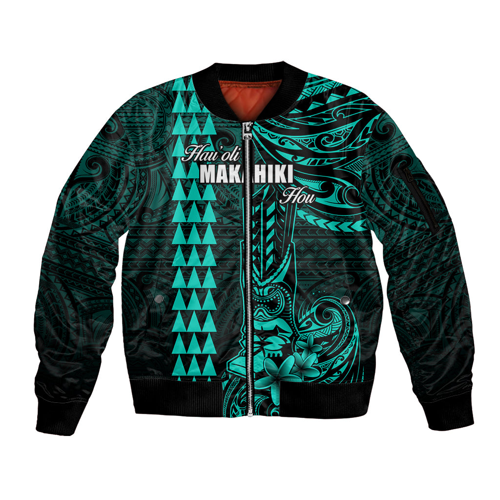Personalized Hawaii Hauoli Makahiki Hou Sleeve Zip Bomber Jacket Lono Hawaiian God Kakau Polynesian Tribal Turquoise LT05 Unisex Turquoise - Polynesian Pride