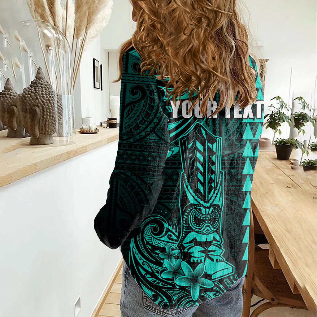 Personalized Hawaii Hauoli Makahiki Hou Women Casual Shirt Lono Hawaiian God Kakau Polynesian Tribal Turquoise LT05 - Polynesian Pride