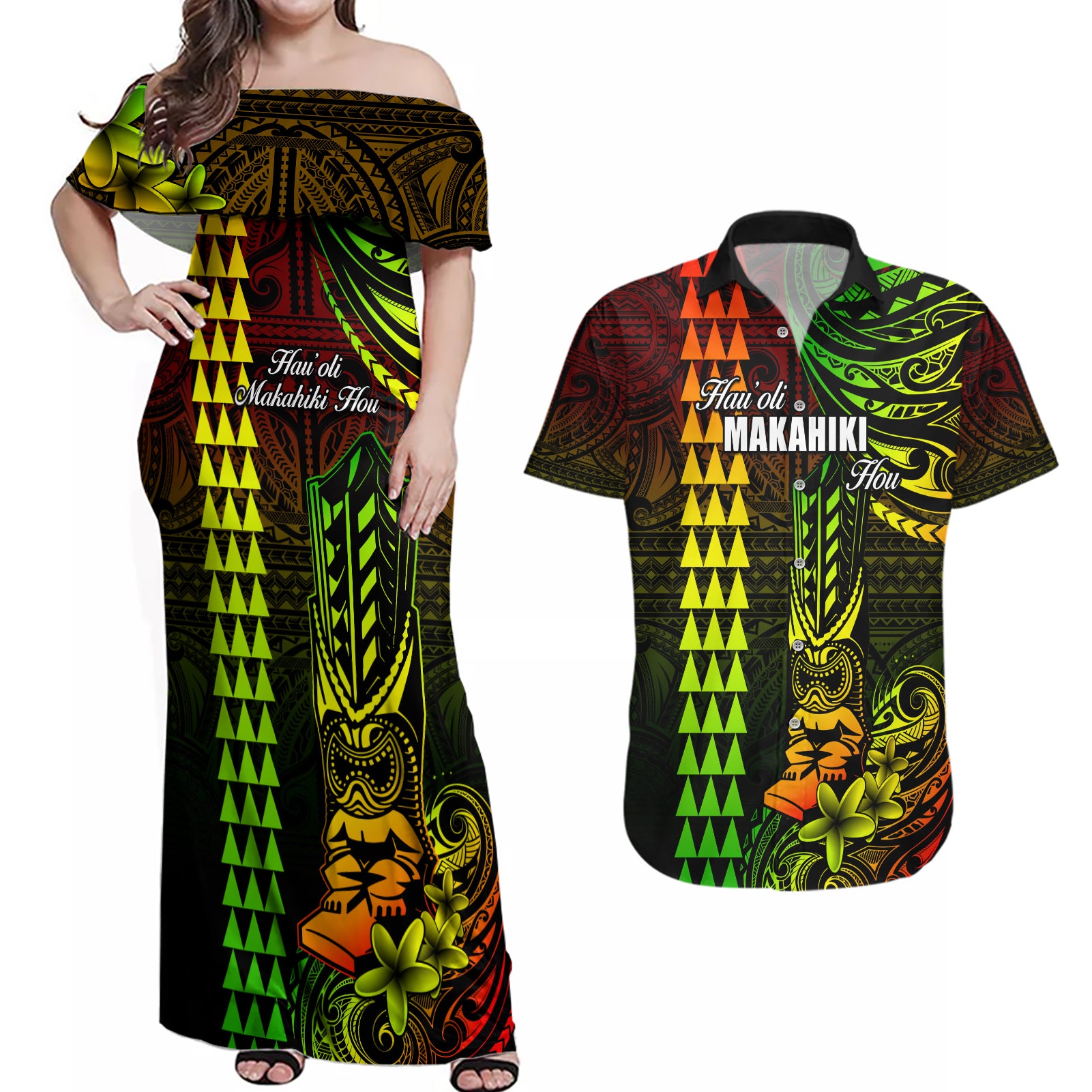 Personalized Hawaii Hauoli Makahiki Hou Couples Matching Off Shoulder Maxi Dress and Hawaiian Shirt Lono Hawaiian God Kakau Polynesian Tribal Reggae LT05 Reggae - Polynesian Pride