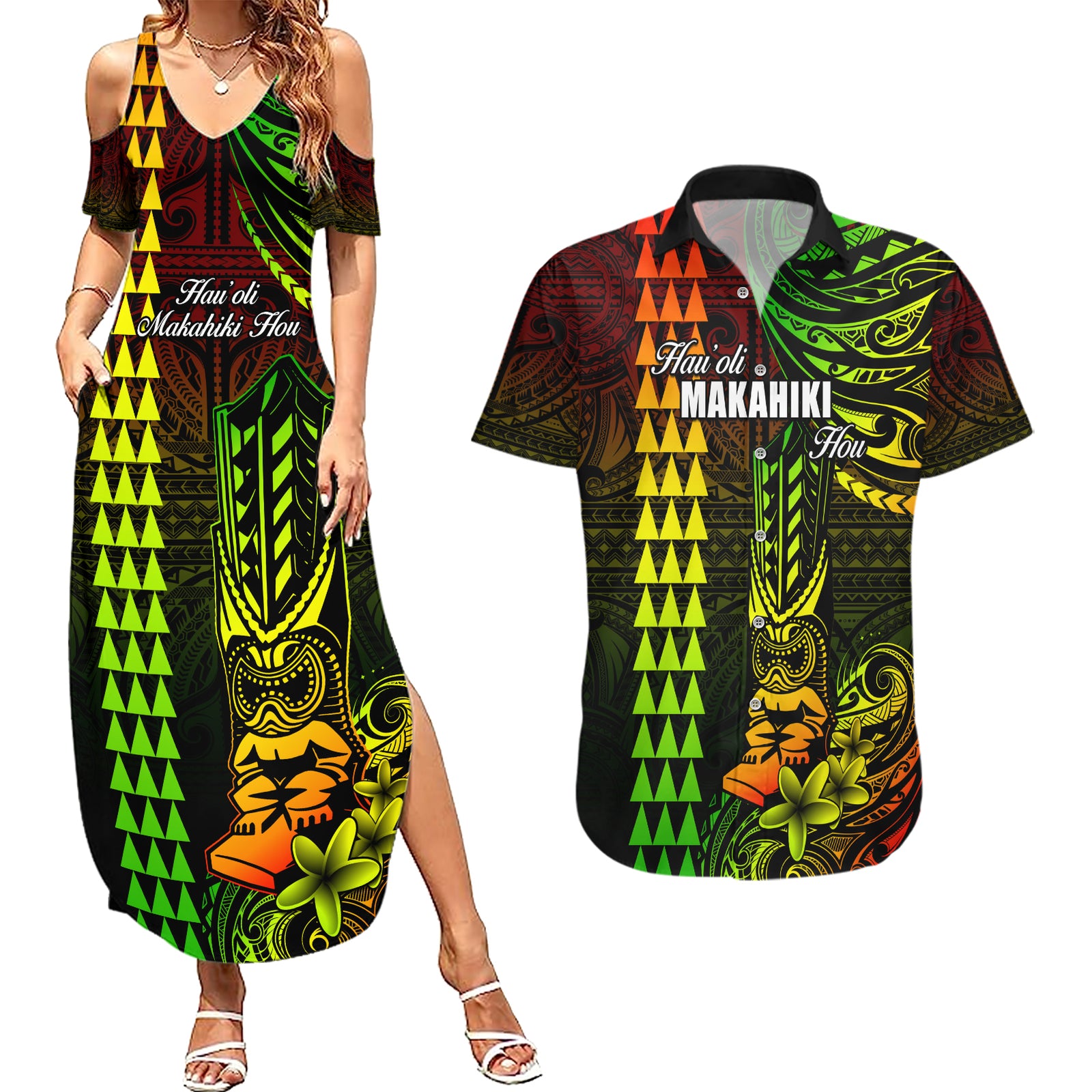 Personalized Hawaii Hauoli Makahiki Hou Couples Matching Summer Maxi Dress and Hawaiian Shirt Lono Hawaiian God Kakau Polynesian Tribal Reggae LT05 Reggae - Polynesian Pride