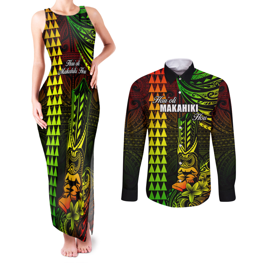 Personalized Hawaii Hauoli Makahiki Hou Couples Matching Tank Maxi Dress and Long Sleeve Button Shirts Lono Hawaiian God Kakau Polynesian Tribal Reggae LT05 Reggae - Polynesian Pride