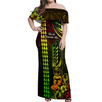 Personalized Hawaii Hauoli Makahiki Hou Off Shoulder Maxi Dress Lono Hawaiian God Kakau Polynesian Tribal Reggae LT05 Women Reggae - Polynesian Pride