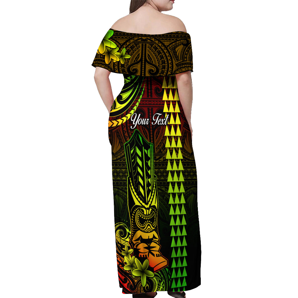Personalized Hawaii Hauoli Makahiki Hou Off Shoulder Maxi Dress Lono Hawaiian God Kakau Polynesian Tribal Reggae LT05 - Polynesian Pride