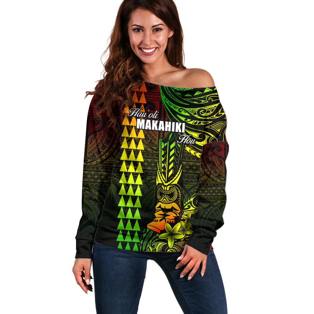 Personalized Hawaii Hauoli Makahiki Hou Off Shoulder Sweater Lono Hawaiian God Kakau Polynesian Tribal Reggae LT05 Women Reggae - Polynesian Pride