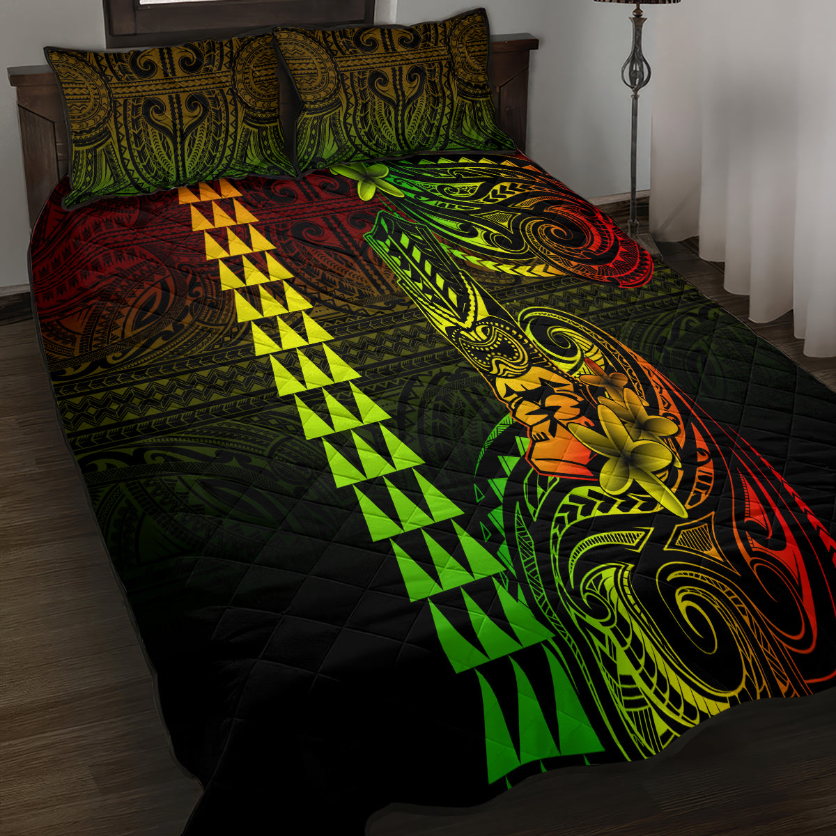 Hawaii Hauoli Makahiki Hou Quilt Bed Set Lono Hawaiian God Kakau Polynesian Tribal Reggae LT05 - Polynesian Pride