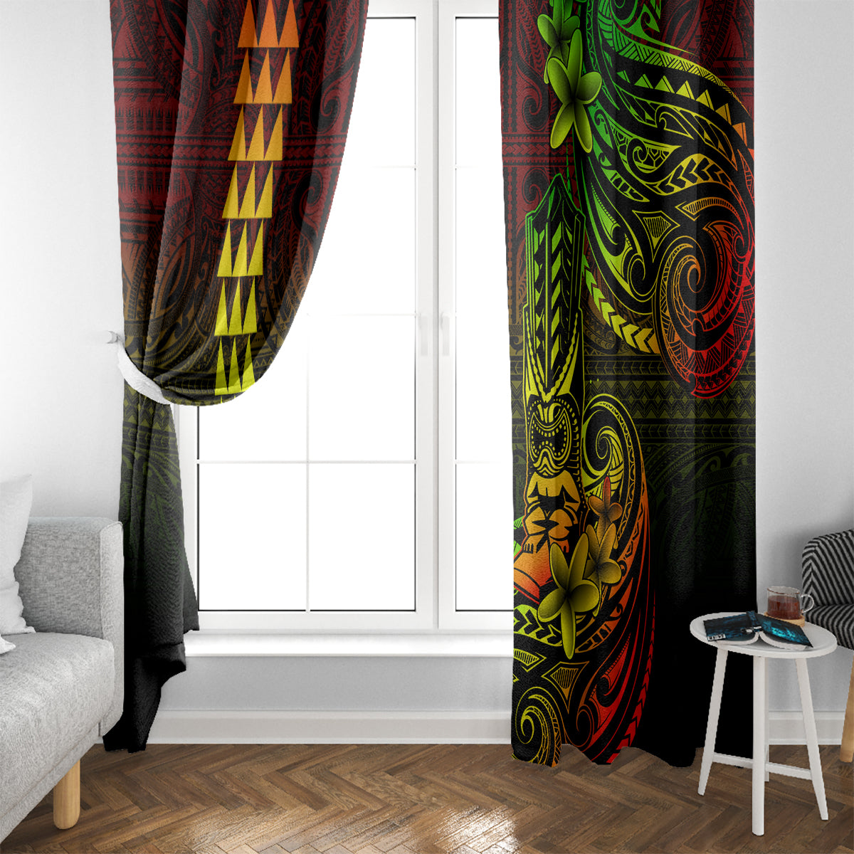 Hawaii Hauoli Makahiki Hou Window Curtain Lono Hawaiian God Kakau Polynesian Tribal Reggae LT05 - Polynesian Pride