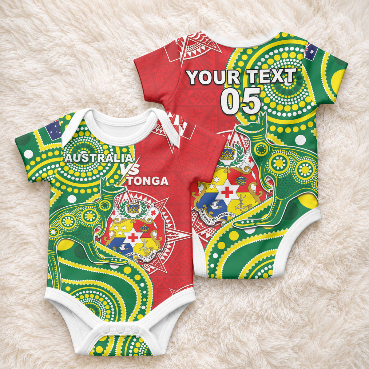 Custom Tonga Australia Rugby Baby Onesie Kangaroos And Tonga Mate Maa Together LT05 - Polynesian Pride