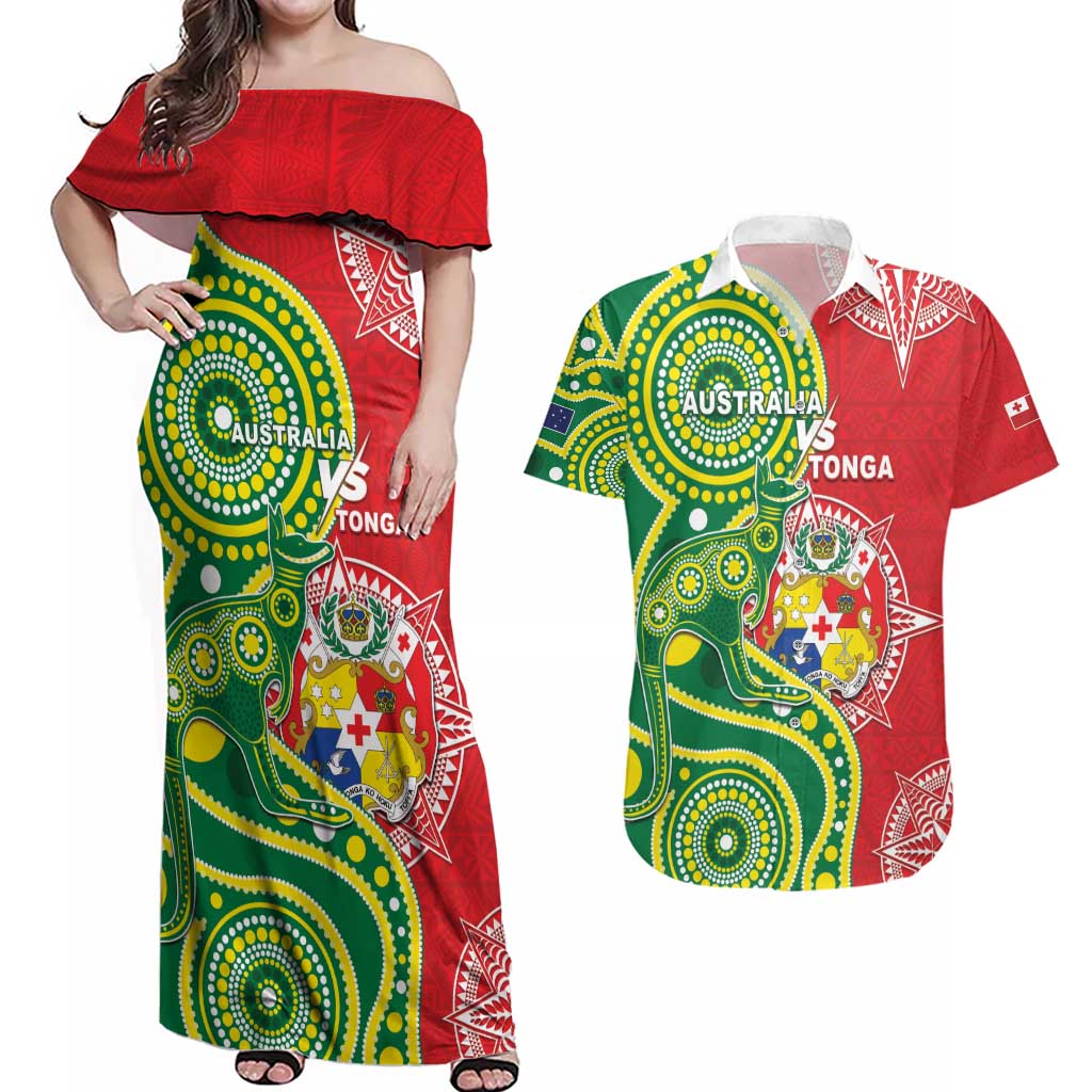 Custom Tonga Australia Rugby Couples Matching Off Shoulder Maxi Dress and Hawaiian Shirt Kangaroos And Tonga Mate Maa Together