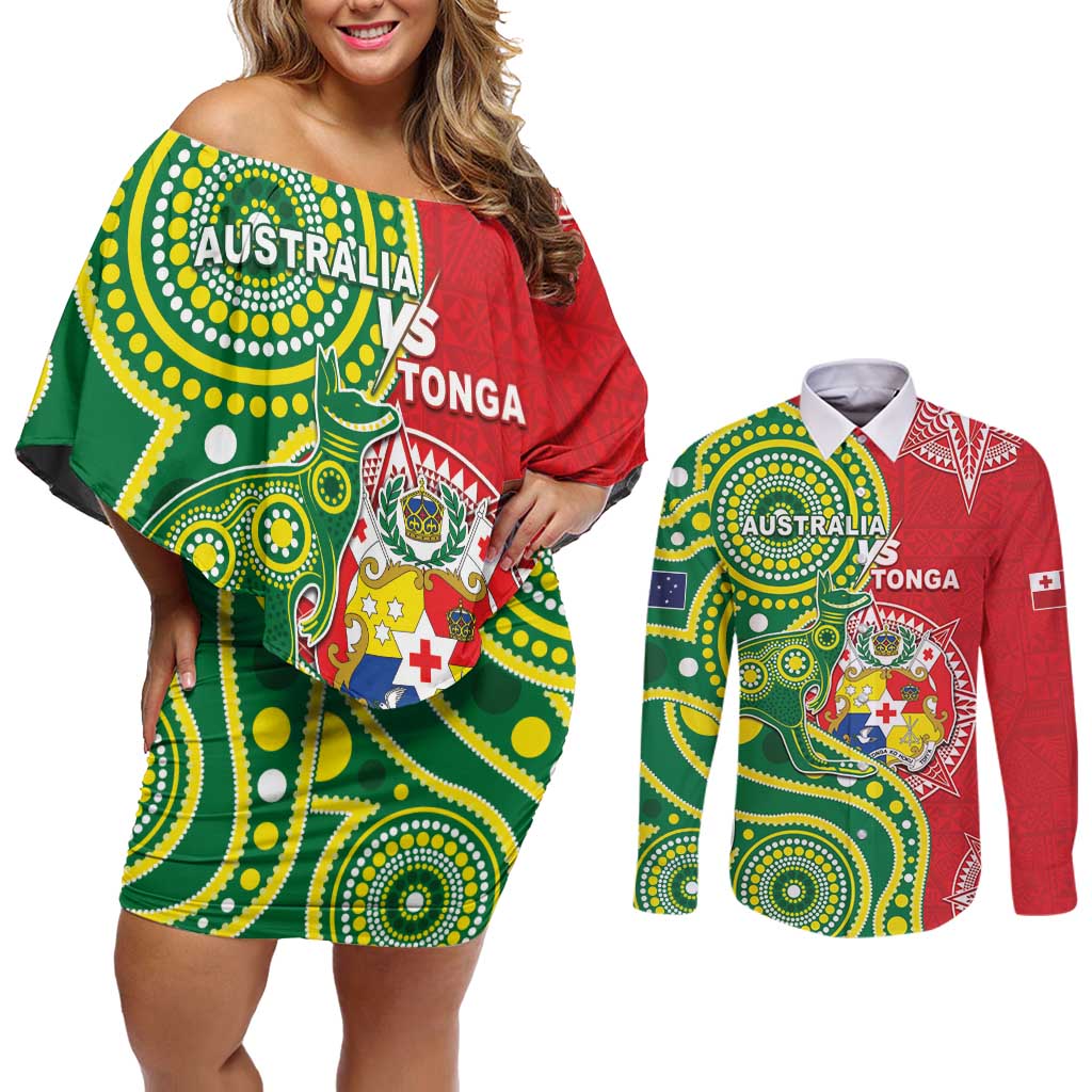 Custom Tonga Australia Rugby Couples Matching Off Shoulder Short Dress and Long Sleeve Button Shirt Kangaroos And Tonga Mate Maa Together