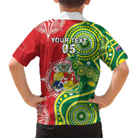 Custom Tonga Australia Rugby Family Matching Long Sleeve Bodycon Dress and Hawaiian Shirt Kangaroos And Tonga Mate Maa Together LT05 - Polynesian Pride