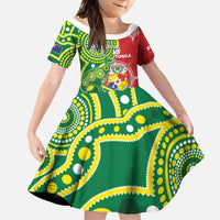 Custom Tonga Australia Rugby Family Matching Long Sleeve Bodycon Dress and Hawaiian Shirt Kangaroos And Tonga Mate Maa Together LT05 Daughter's Dress Green - Polynesian Pride