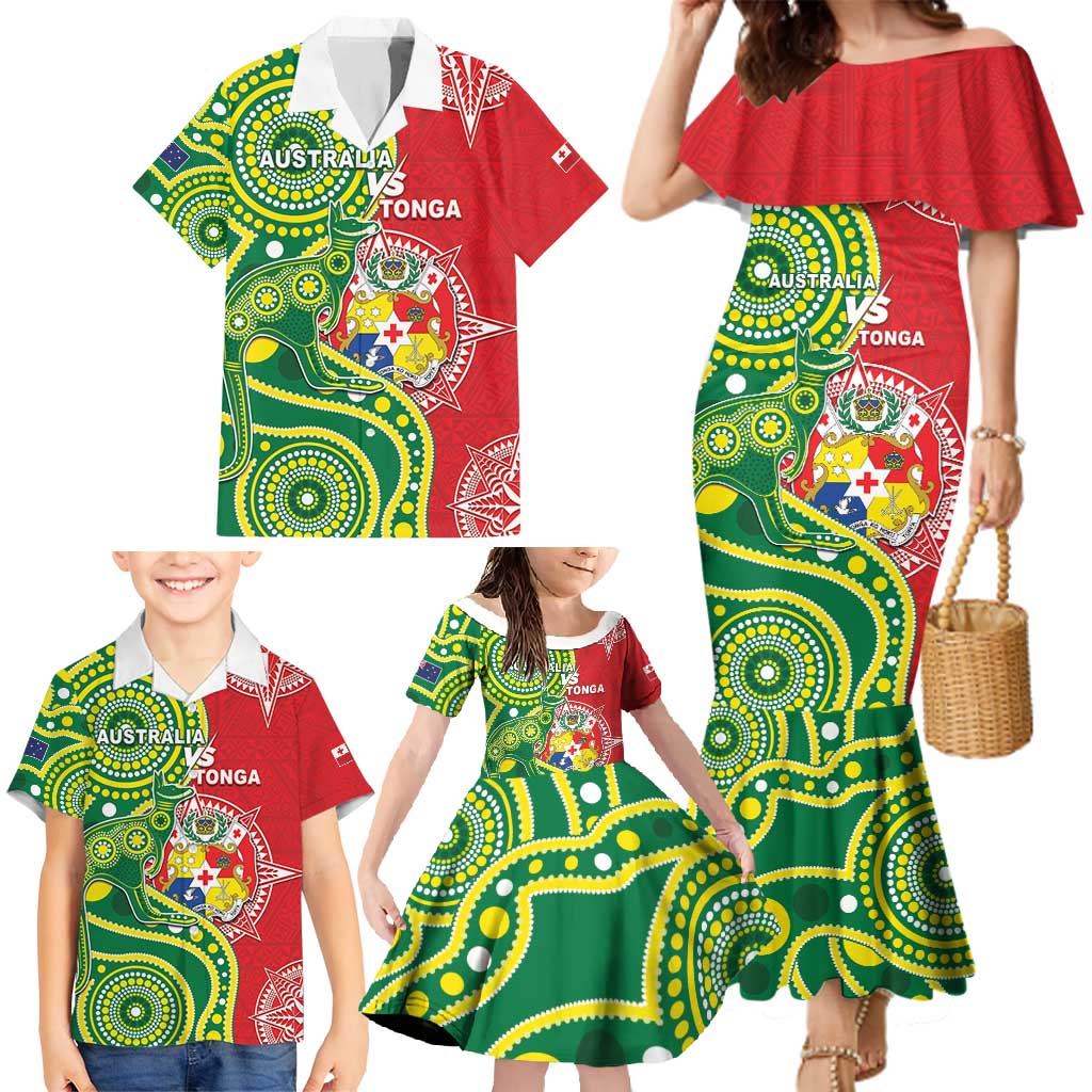 Custom Tonga Australia Rugby Family Matching Mermaid Dress and Hawaiian Shirt Kangaroos And Tonga Mate Maa Together LT05 - Polynesian Pride