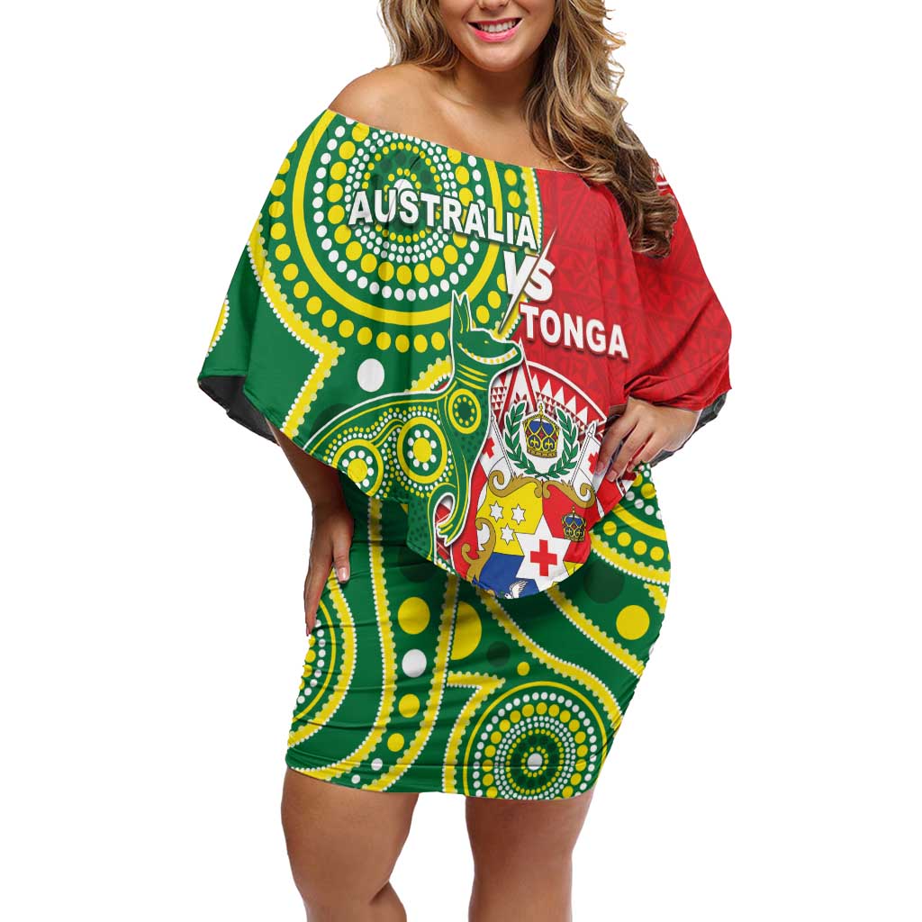 Custom Tonga Australia Rugby Family Matching Off Shoulder Short Dress and Hawaiian Shirt Kangaroos And Tonga Mate Maa Together