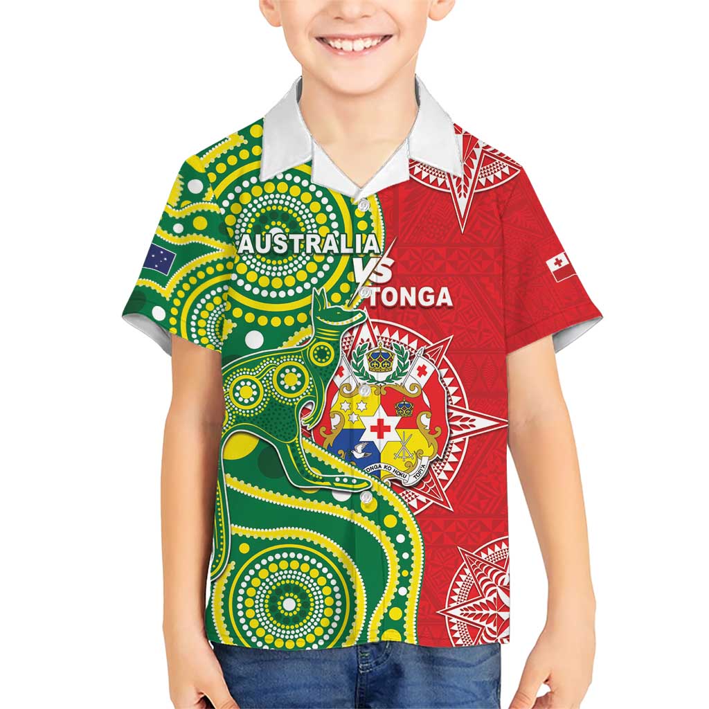 Custom Tonga Australia Rugby Family Matching Short Sleeve Bodycon Dress and Hawaiian Shirt Kangaroos And Tonga Mate Maa Together