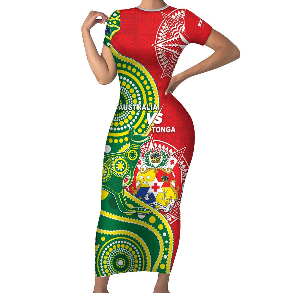 Custom Tonga Australia Rugby Short Sleeve Bodycon Dress Kangaroos And Tonga Mate Maa Together