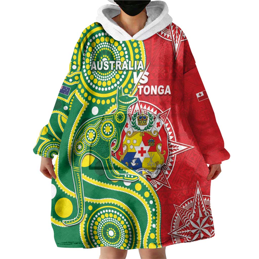 Custom Tonga Australia Rugby Wearable Blanket Hoodie Kangaroos And Tonga Mate Maa Together